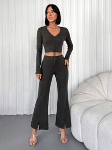EURMUSE Dark Grey V-Neck Tie Front Crop Top And Split Flared Pants Set - Dark Grey - View 3