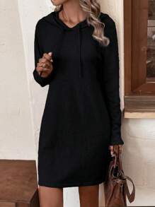 SHEIN LUNE 落肩抽繩連帽毛衣洋裝 - 黑色 - 查看 5