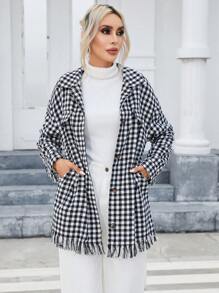 SHEIN Essnce Gingham Print Drop Shoulder Fringe Hem Coat - Black and White - View 4