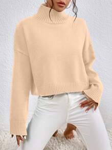 SHEIN Essnce Áo len nữ Gân đan màu trơn Giải trí - Màu be - Xem 3