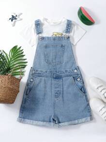 SHEIN Teen Girls 1pc Roll Up Hem Denim Dungaree - Light Wash - View 1