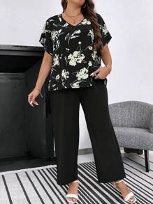 SHEIN LUNE Talla grande Pantalones con top con estampado floral de manga murciélago - Negro - Ver 6