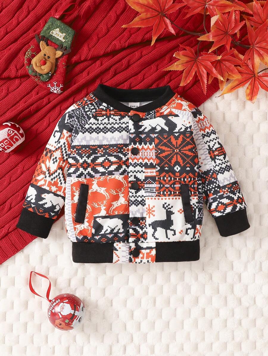 Baby Boy Patchwork Print Contrast Binding Coat for Christmas - Multicolor - View 1