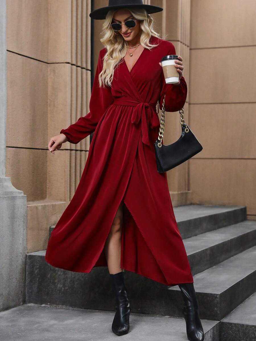 SHEIN Clasi 素色圍裹繫腰帶洋裝 - 酒紅色 - 查看 1