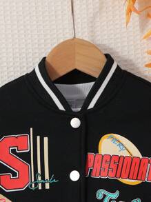 SHEIN 女小童字母圖案落肩袖條紋飾邊學院風夾克 - 黑色 - 查看 3