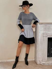 SHEIN LUNE 拼色荷葉邊下擺 A 字洋裝 - 深灰色 - 查看 4