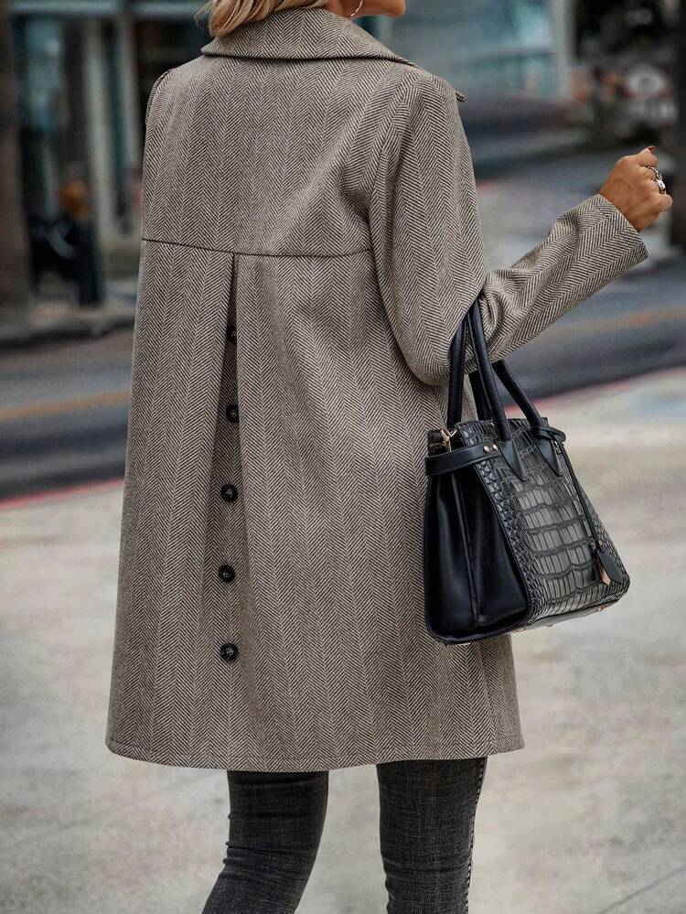 Herringbone Flap Detail Button Front Overcoat Fall Winter Cloth For Women