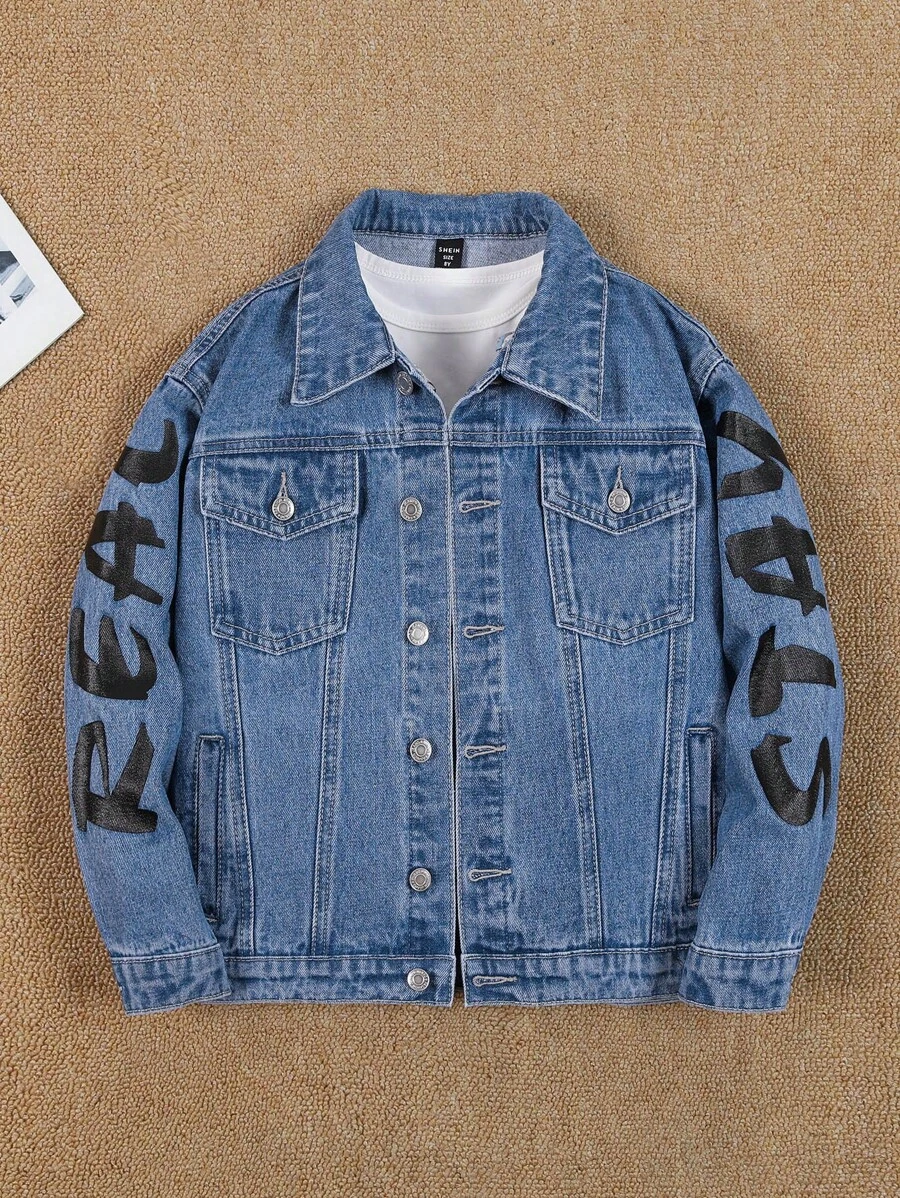 Cậu bé Tween Đồ họa Chữ cái Túi có nắp Áo khoác denim Without Tee - Rửa trung bình - Xem 1