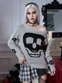 PUNK Jersey Halloween con patrón de cráneo de hombros caídos