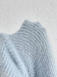 SoleilVie Jersey de punto esponjoso de cuello alto con hombros caídos, suéter de manga larga de punto para otoño e invierno - Azul - Ver 7