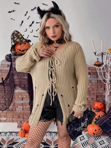 Calvaya Halloween Plus Tie Front Ribbed Knit Cardigan - Khaki - View 6