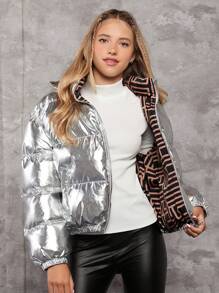 Teen Girl Slant Pocket Padded Coat - Silver - View 5