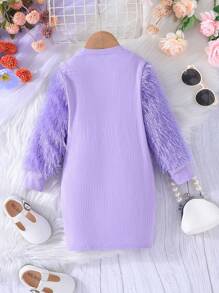 SHEIN Young Girl Fuzzy Sleeve Fitted Dress - Purple - View 2