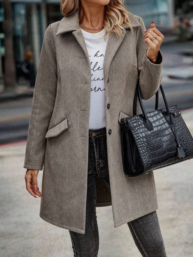 Herringbone Flap Detail Button Front Overcoat Fall Winter Cloth For Women