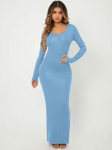 SHEIN SXY Solid Long Sleeve Bodycon Dress - Baby Blue - View 5