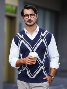 Manfinity Homme 男士1入組菱形印花毛衣背心 - 彩色 - 查看 6