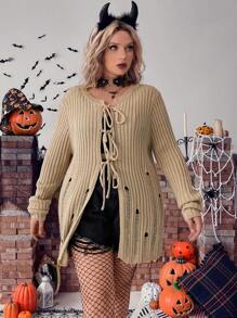 Calvaya Halloween Plus Tie Front Ribbed Knit Cardigan - Khaki - View 4