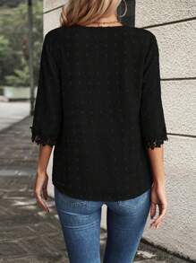 EMERY ROSE Swiss Dot Guipure Lace Trim Trumpet Sleeve Blouse - Black - View 2