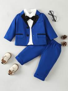 Souflis Souflis 男嬰拼接西裝領西裝外套和褲子&前蝴蝶結襯衫 - 寶藍色 - 查看 1