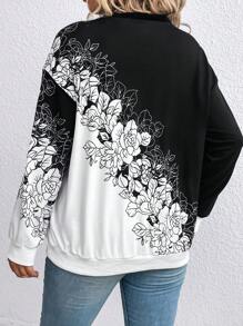 EMERY ROSE Plus Size Women's Floral Print Round Neck Sweatshirt Pullover Fall Winter Sweatshirt Autumn - Black and White - View 2