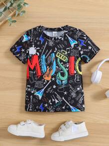 SHEIN 小男孩夏季黑色字母印花圓領常規袖休閒酷T恤 - 黑色 - 查看 5