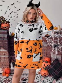 Calvaya Hơn Hoa văn Halloween Thả vai Đầm Áo len - Nhiều màu - Xem 4