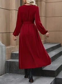 SHEIN Clasi 素色圍裹繫腰帶洋裝 - 酒紅色 - 查看 2