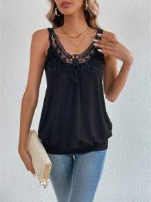 SHEIN LUNE 休閒蕾絲拼接純色女士背心 - 黑色 - 查看 1