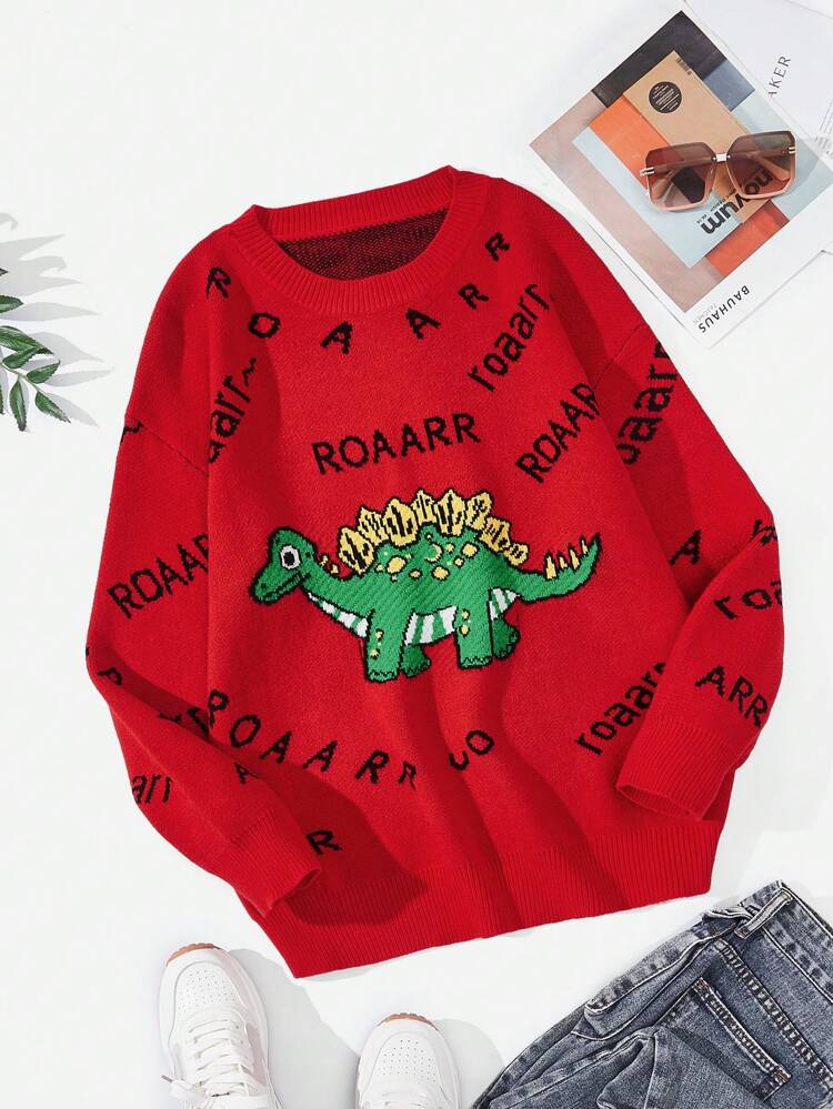 Plus Dinosaur & Letter Pattern Sweater Knit Pullover Fall Winter Sweater