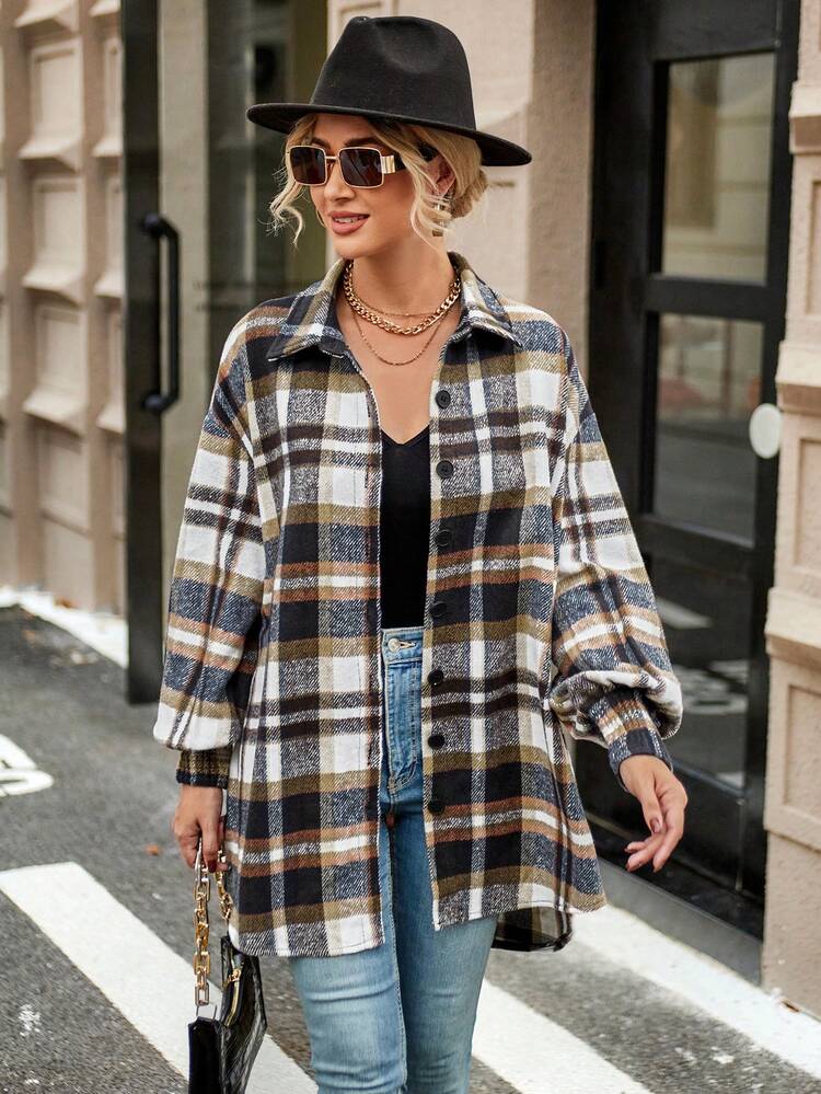 Plaid Print Drop Shoulder High Low Hem Coat Without Belt Fall Cloth For Women