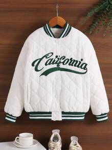 SHEIN Tween Girl 1pc Letter Embroidery Striped Trim Quilted Varsity Jacket - White - View 1