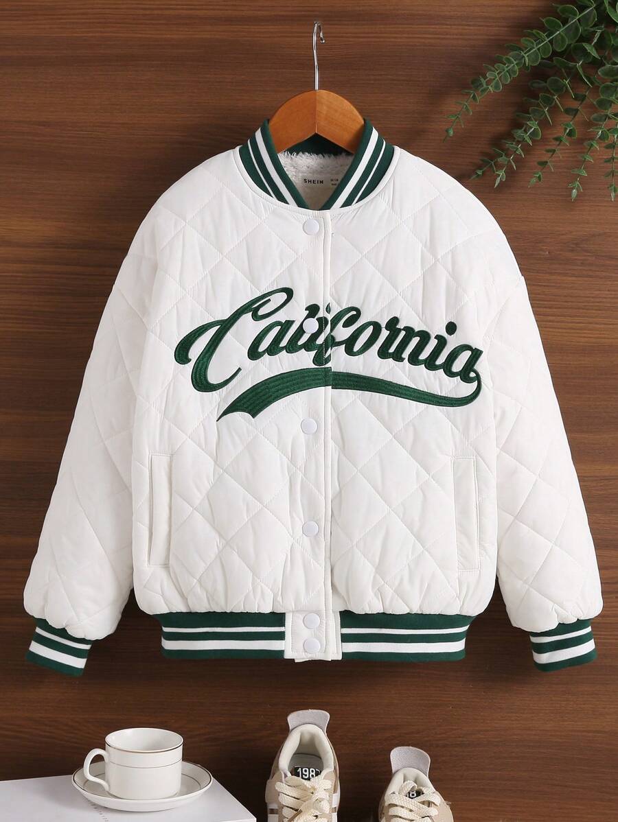 SHEIN Tween Girl 1pc Letter Embroidery Striped Trim Quilted Varsity Jacket - White - View 1
