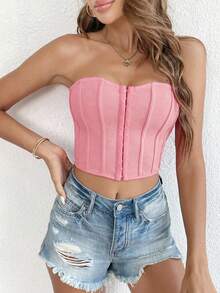 SHEIN Essnce Hook And Eye Front Crop Tube Top - Pink - View 4