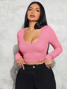 SHEIN SXY Camiseta crop de cuello scoop - Rosa - Ver 3