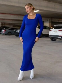 SHEIN Essnce 純色湯匙領修身洋裝 - 寶藍色 - 查看 5