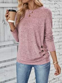 EMERY ROSE Button Detail Ruched Side Tee Fall Cloth For Women - Pink - View 6