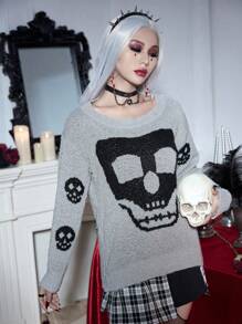 PUNK Jersey Halloween con patrón de cráneo de hombros caídos