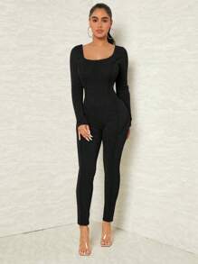 SHEIN SXY Solid Rib Knit Unitard Jumpsuit - Black - View 5