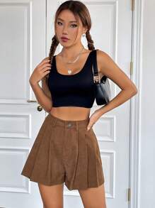 SHEIN Unity Fold Pleated Corduroy Wide Leg Shorts - Brown - View 5