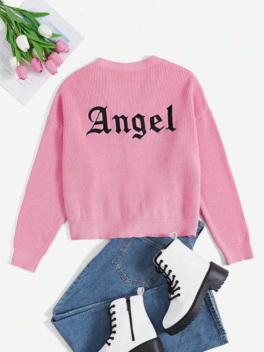 SHEIN EZwear Cárdigan con bordado de letra de hombros caídos - Rosa - Ver 1