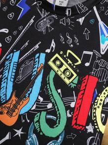 SHEIN 小男孩夏季黑色字母印花圓領常規袖休閒酷T恤 - 黑色 - 查看 3