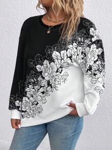 EMERY ROSE Plus Size Women's Floral Print Round Neck Sweatshirt Pullover Fall Winter Sweatshirt Autumn - Black and White - View 5
