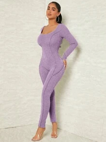 SHEIN SXY 素色大圓領彈力緊身連體褲 - 紫色 - 查看 1