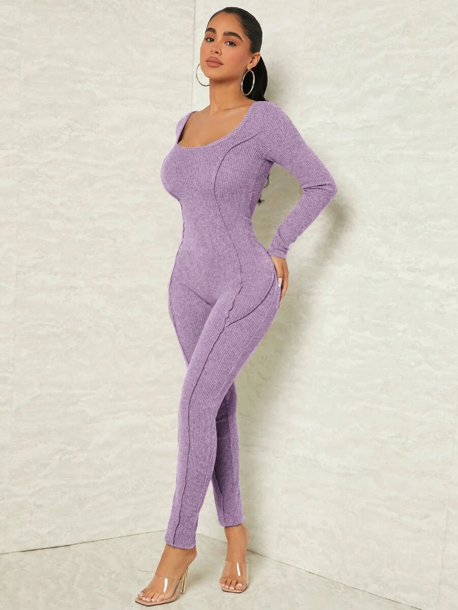 SHEIN SXY 素色大圓領彈力緊身連體褲 - 紫色 - 查看 1
