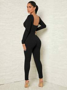 SHEIN SXY Solid Rib Knit Unitard Jumpsuit - Black - View 4