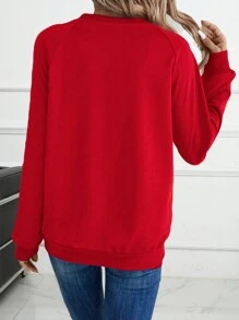 INAWLY Solid Raglan Sleeve V Neck Sweatshirt Pullover Fall Sweatshirt - Red - View 2