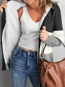 CILKOO Khối màu Xoắn Dan Nút phía trước áo có mũ Áo len Mở - màu đen - Xem 3