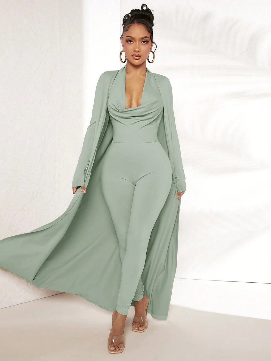 SHEIN SXY 開門襟外套和垂領連身褲 - 薄荷綠 - 查看 1