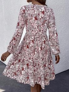 SHEIN LUNE 滿版印花缺口領荷葉邊娃娃裙 - 紅木色 - 查看 2