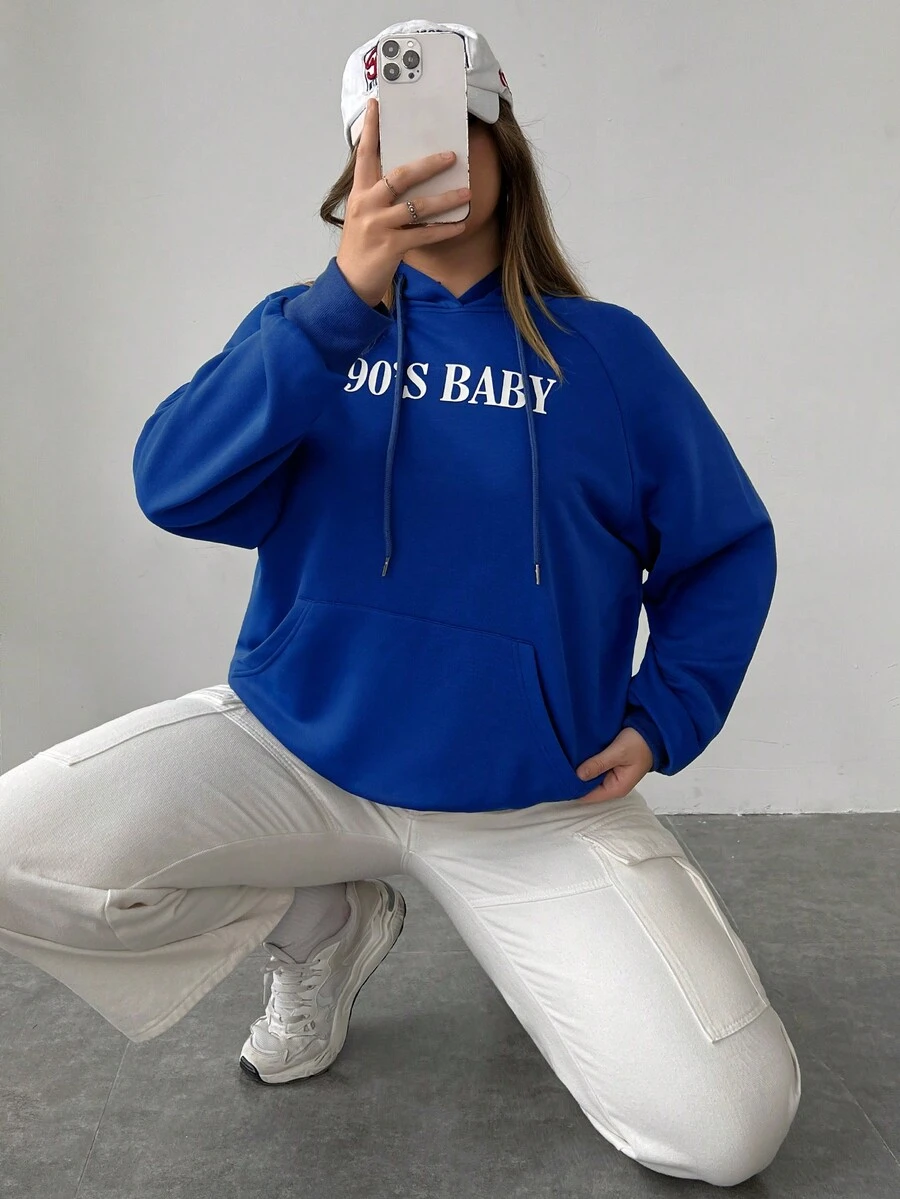 Flirla Plus Letter Graphic Raglan Sleeve Drawstring Hoodie